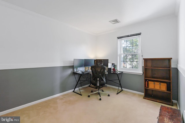 carpeted office space featuring baseboards, visible vents, and ornamental molding