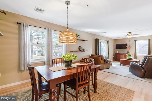 dining room featuring ceiling fan, light wood-style floors, visible vents, and baseboards