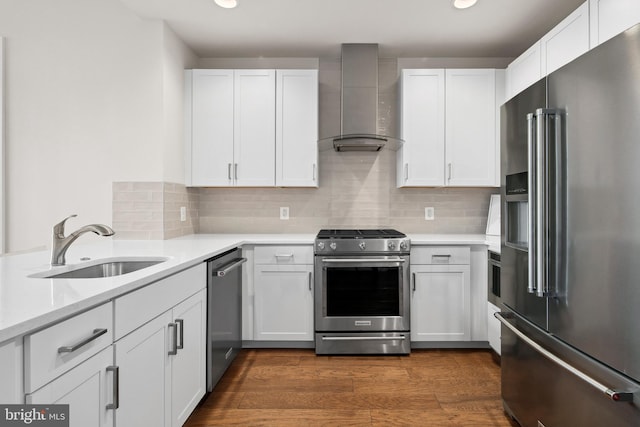 kitchen with dark wood-type flooring, wall chimney exhaust hood, sink, white cabinetry, and appliances with stainless steel finishes