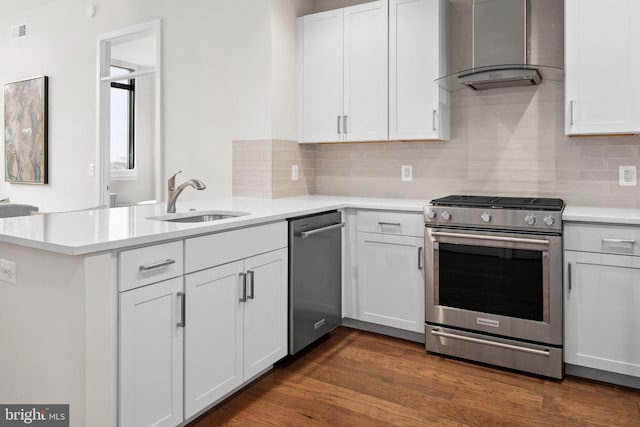 kitchen featuring white cabinetry, appliances with stainless steel finishes, sink, and wall chimney range hood