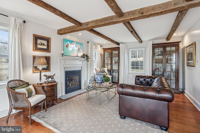 living room featuring beamed ceiling, hardwood / wood-style floors, and a wealth of natural light