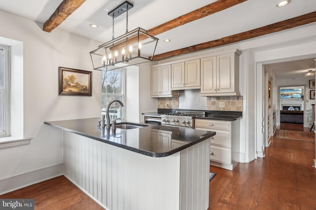 kitchen with pendant lighting, sink, backsplash, dark hardwood / wood-style floors, and kitchen peninsula