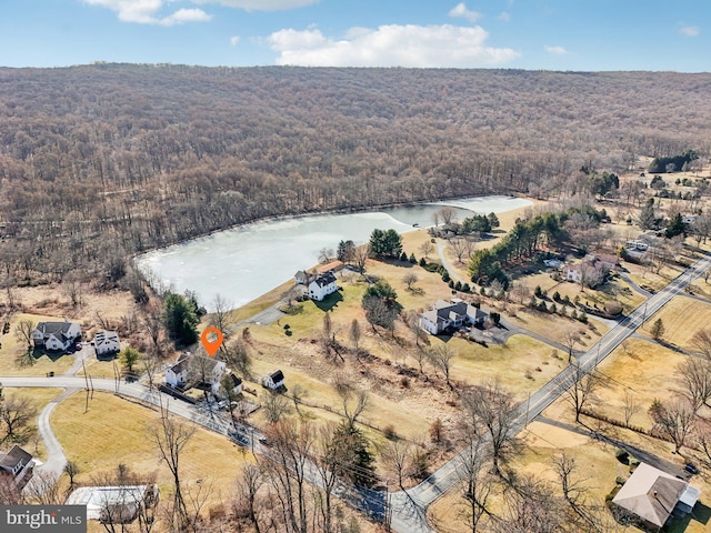 bird's eye view with a water view