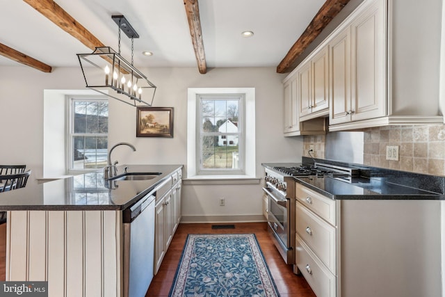 kitchen featuring sink, decorative light fixtures, plenty of natural light, and stainless steel appliances