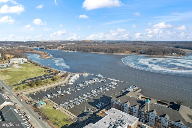 drone / aerial view featuring a water view