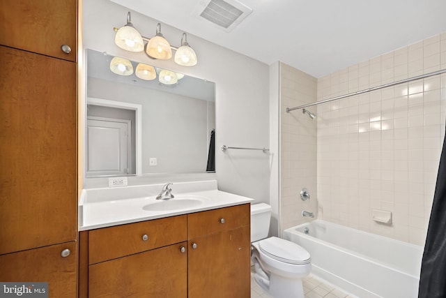 bathroom with shower / tub combo, visible vents, toilet, tile patterned flooring, and vanity