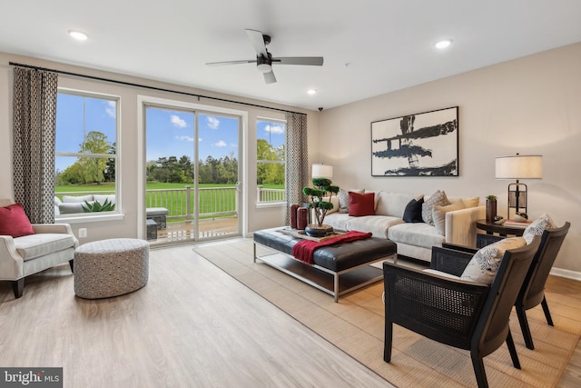 living room with ceiling fan and light hardwood / wood-style flooring