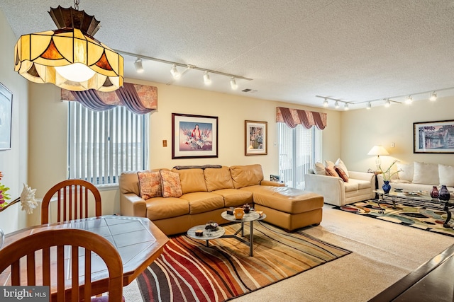 living area with a textured ceiling, carpet flooring, and visible vents