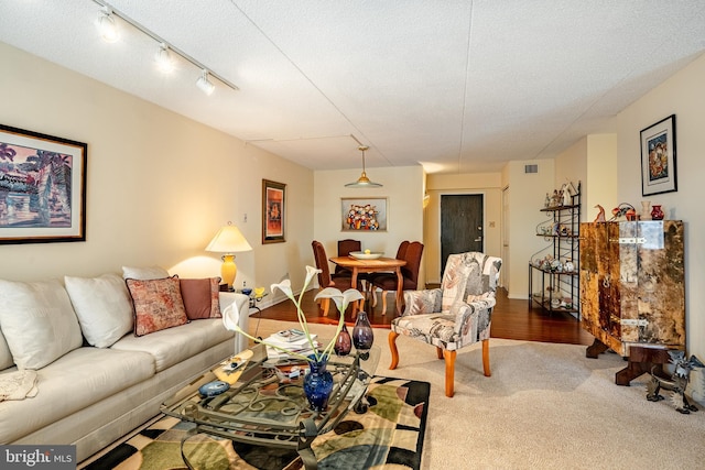 carpeted living area featuring rail lighting, visible vents, and a textured ceiling