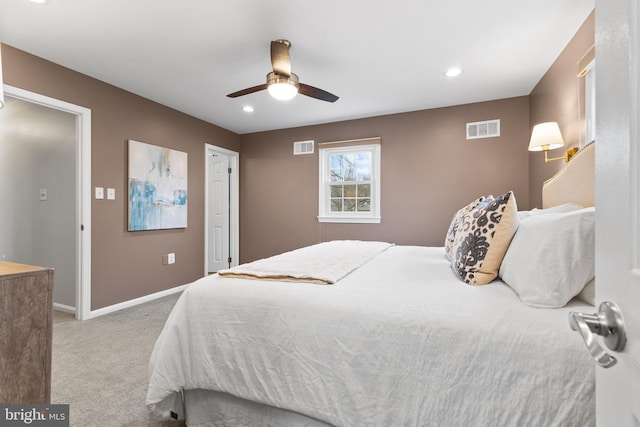 carpeted bedroom with ceiling fan