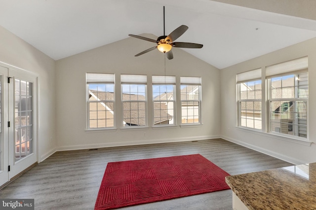 interior space with lofted ceiling, ceiling fan, and wood-type flooring