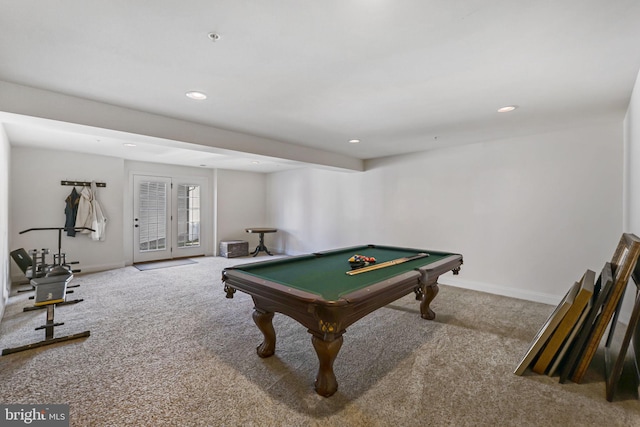 game room featuring pool table and light carpet