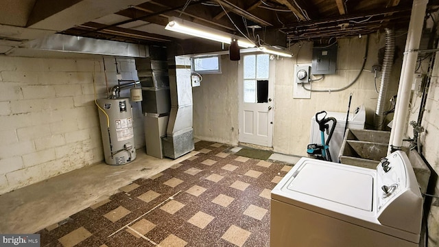 basement featuring heating unit, washer / dryer, gas water heater, and electric panel