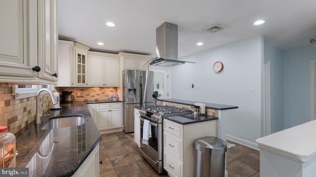 kitchen with sink, stainless steel appliances, a center island, island exhaust hood, and decorative backsplash