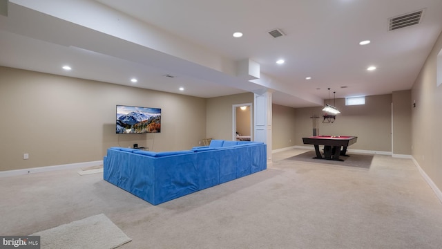 carpeted living room with pool table