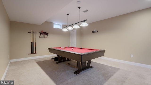 game room featuring pool table and light carpet