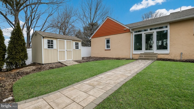 exterior space with a storage shed