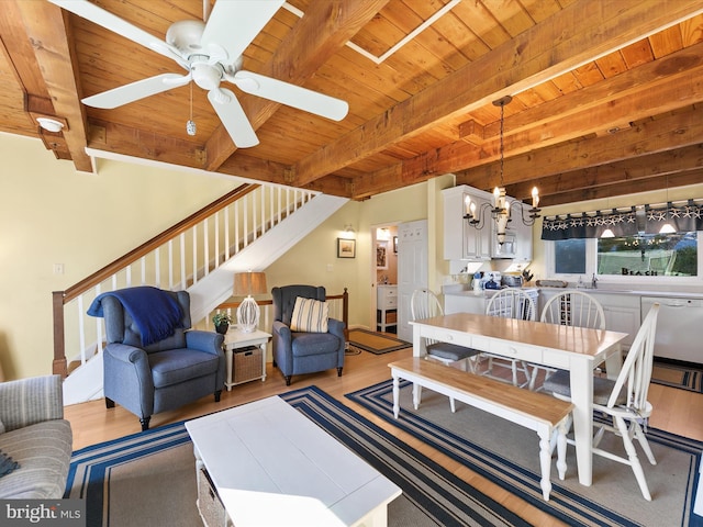 living room with beamed ceiling, light wood-type flooring, and wood ceiling