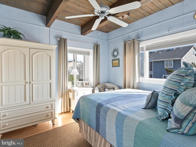 bedroom featuring hardwood / wood-style flooring, ceiling fan, beam ceiling, and wood ceiling