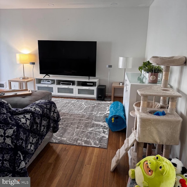 living room featuring dark wood-type flooring