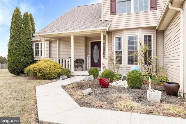 entrance to property featuring a porch and a shingled roof