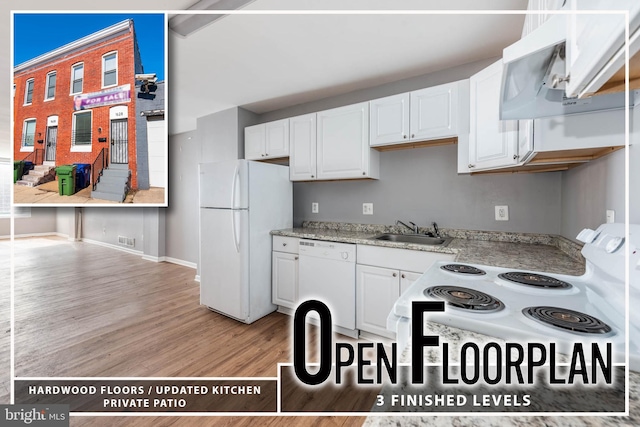 kitchen with sink, white appliances, ventilation hood, light hardwood / wood-style floors, and white cabinets