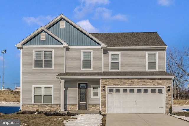 craftsman-style home with driveway, a garage, stone siding, roof with shingles, and board and batten siding