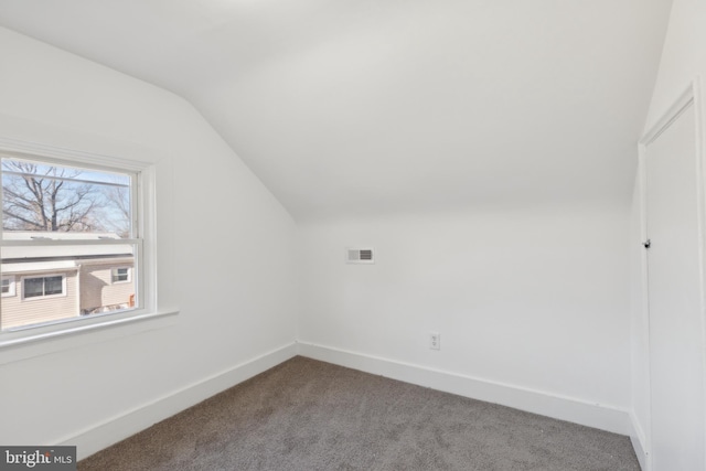 additional living space with carpet floors, baseboards, visible vents, and vaulted ceiling