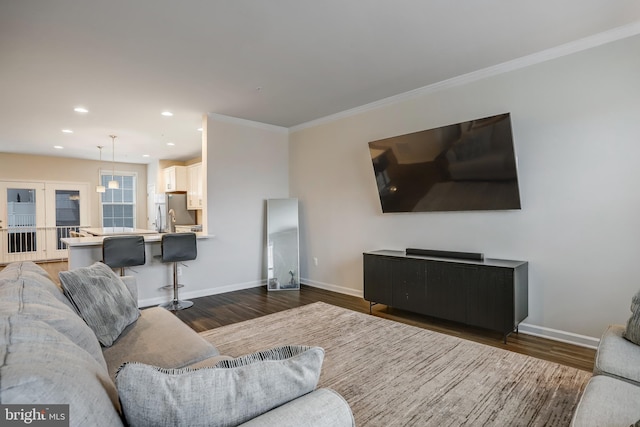 living room featuring crown molding and dark hardwood / wood-style flooring