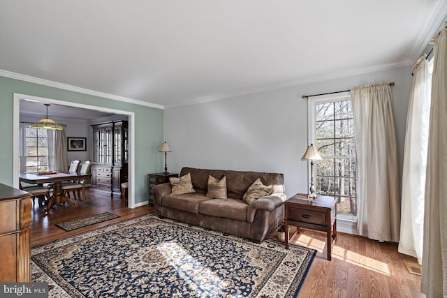 living room with hardwood / wood-style flooring and ornamental molding