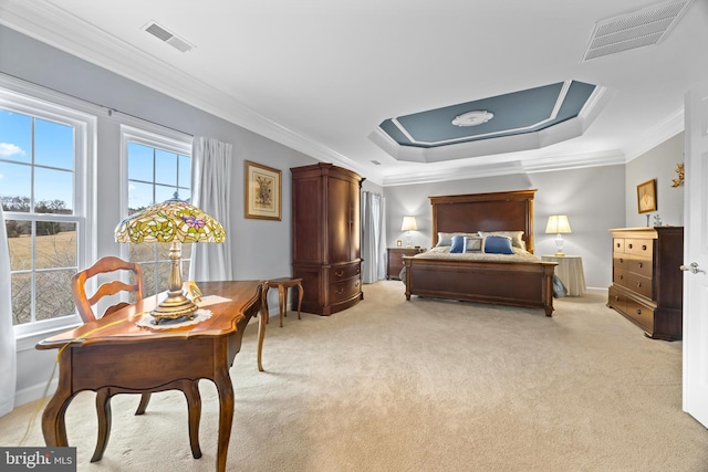 bedroom with light colored carpet, visible vents, and crown molding