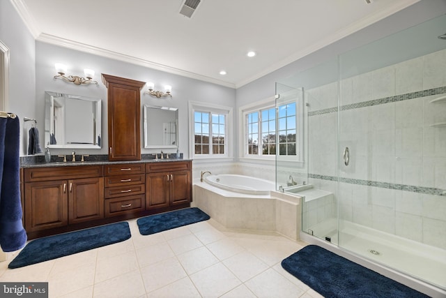 bathroom featuring visible vents, crown molding, a bath, and tile patterned floors