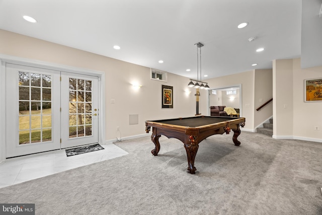 rec room with baseboards, carpet flooring, and recessed lighting