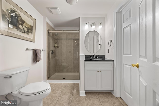 bathroom with visible vents, a shower stall, toilet, and vanity