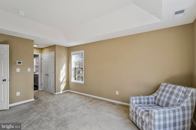 unfurnished room with light carpet and a raised ceiling