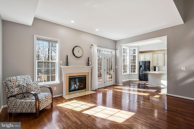 living room with hardwood / wood-style flooring and a high end fireplace