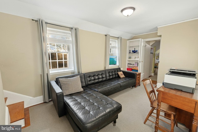 living room with light colored carpet and lofted ceiling