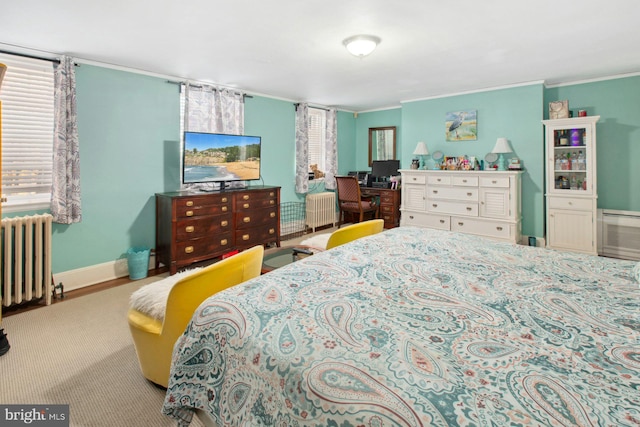 bedroom featuring crown molding and radiator heating unit