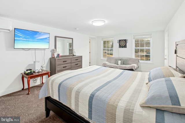 carpeted bedroom featuring an AC wall unit