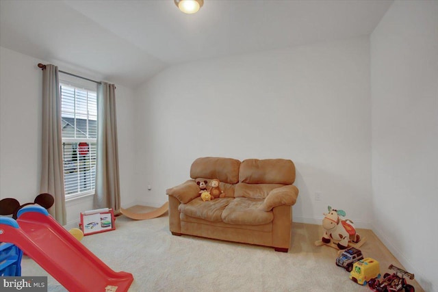 game room with lofted ceiling, carpet flooring, and baseboards