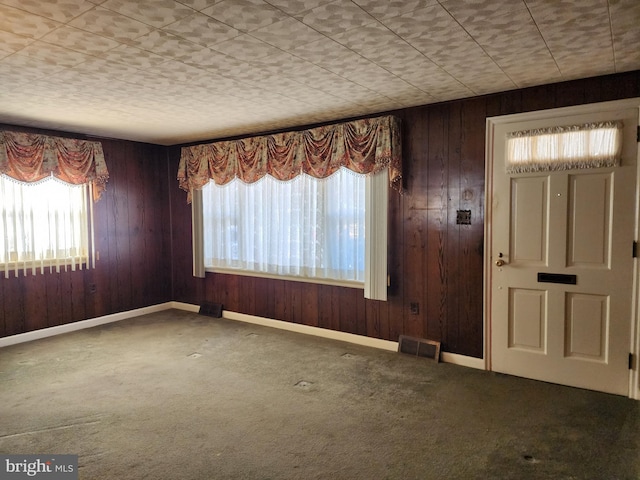 spare room with carpet, a wealth of natural light, and wood walls