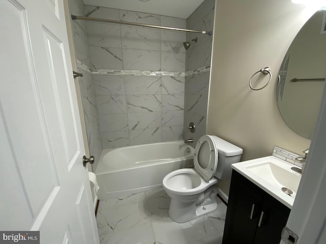 bathroom with marble finish floor, shower / bathtub combination, visible vents, toilet, and vanity