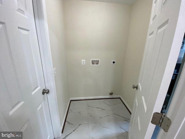 laundry room with hookup for an electric dryer, laundry area, washer hookup, baseboards, and marble finish floor