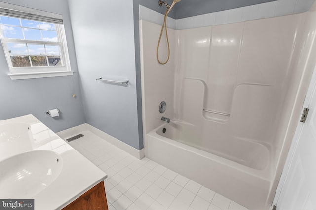 bathroom with vanity, tile patterned flooring, and shower / washtub combination