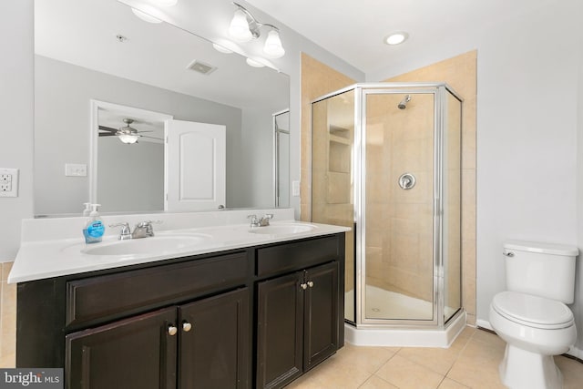 bathroom with tile patterned flooring, toilet, a sink, visible vents, and a shower stall