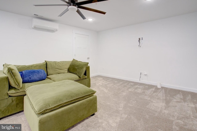 living area with baseboards, a ceiling fan, light colored carpet, an AC wall unit, and recessed lighting