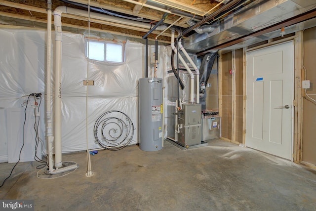 basement with water heater and heating unit