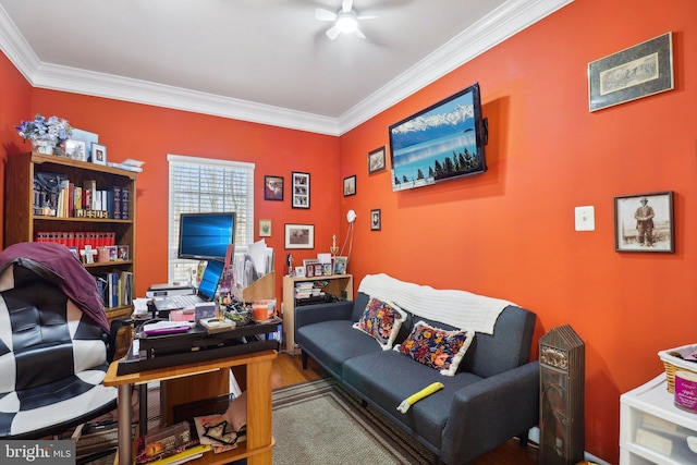 office space featuring ceiling fan, ornamental molding, and hardwood / wood-style floors