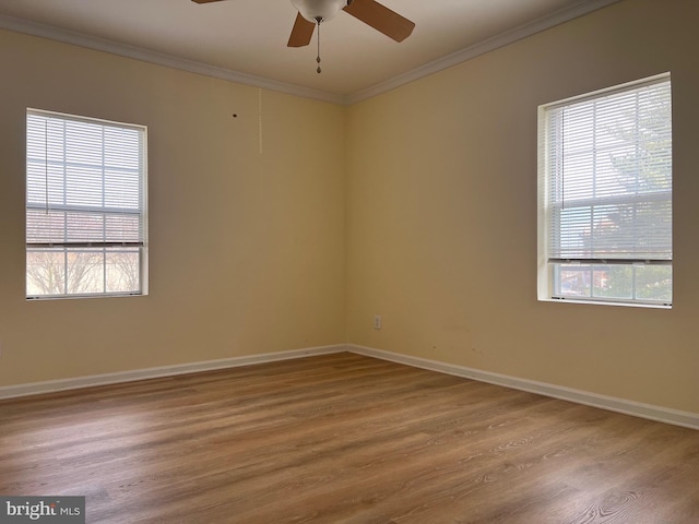 spare room with hardwood / wood-style flooring, ceiling fan, and ornamental molding