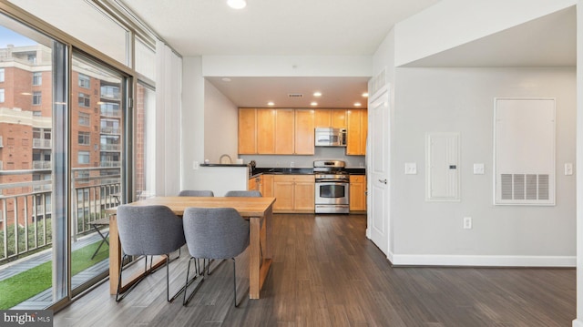 kitchen featuring stainless steel appliances, dark hardwood / wood-style flooring, light brown cabinetry, and electric panel